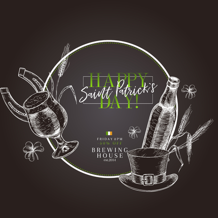 Hand drawn Saint Patrick day pub poster. Beer and snacks. Vector glass, bottle, clover, horseshoe, barley, hop, food, hat. Bar alcohol beverages. Irish craft brewery Discount banner flyer poster, menuのイラスト素材