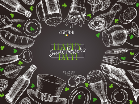 Hand drawn Saint Patrick day pub poster. Beer and snacks. Vector glass, bottle, clover, horseshoe, barley, hop, food, hat. Bar alcohol beverages. Irish craft brewery Discount banner flyer poster, menuのイラスト素材