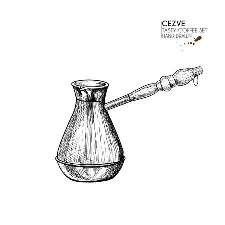 Coffee set. Hand drawn coffee cezve, turkish pot, anchient equipment for espresso. Vector engraved icon. Morning fresh drink. For restaurant and cafe menu, coffee shop flyer, banner design templateのイラスト素材