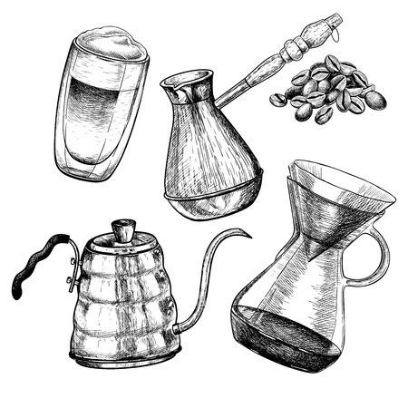 Coffee set. Hand drawn coffee makers set. Cezve, pour over, coffee kettle and glass cup. Vector engraved icon. Morning fresh drink. For restaurant, cafe menu, coffee shop flyer, banner design templateのイラスト素材