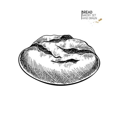 Bakery set. Hand drawn isolated rye bread. Traditional french bakery. Vector engraved icon. For restaurant and cafe menu, baker shop, bread, pasty, sweets. Design templateのイラスト素材