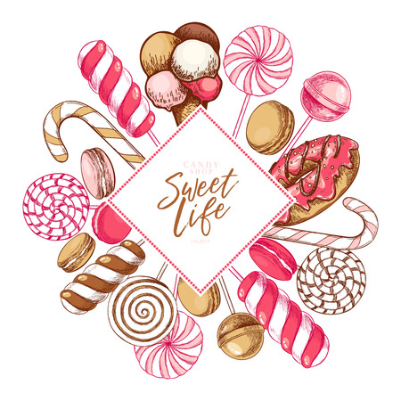 Hand drawn set of sweet candies. Twisted caramel lollipops, candy cane, macarons, donut. Vector food label template. Use for restaurant, menu, party decorating, flyer, banner. Sugar Halloween dessertのイラスト素材