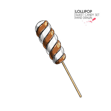 Hand drawn set of sweet candies. Twisted caramel lollipops. Vector food icons. Use for restaurant, menu, party decorating, flyer, banner. Sugar Halloween, Christmas dessertのイラスト素材