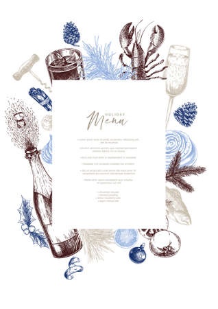 Vector menu template. Hand drawn detailed Christmas decorations, wine, seafood, meat, fruits and vegetables. Modern trendy design. Use for holiady menu, restaurant, shop promotion, brand merchandisingのイラスト素材