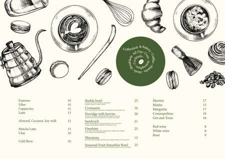 Coffeeshop and bakery set. Hand drawn coffee, matcha, croissant, macaron, kettle, mug, chasen, beans, food, barista equipment. Vector engraved composition Restaurant branding template menu designのイラスト素材