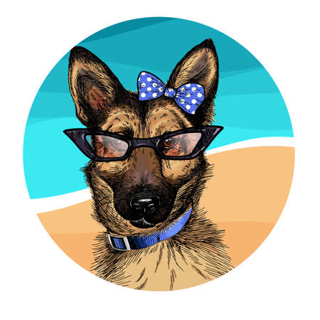Vector portrait of german shepherd dog wearing sunglasses and retro bow. Summer fashion illustration. Vacation, sea, beach, ocean. Hand drawn pet portait. Poster, t-shirt print, holiday, postcard.のイラスト素材