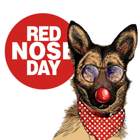Red nose day poster. Vector hand drawn dog portrait. German shepherd wearing glasses, clown nose and bandana. American red nose day greeting card. Flyer, poster, banner design. Medical event.のイラスト素材