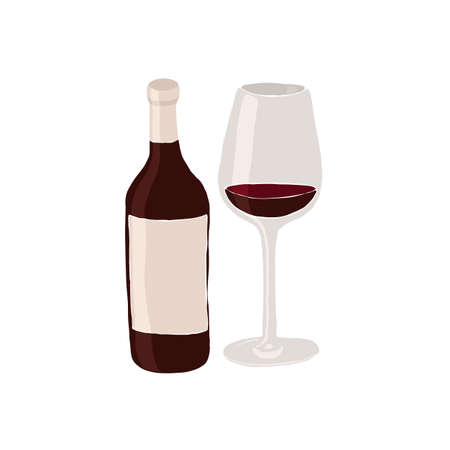 Red wine bottle and a glass. Picnic food and alcohol drink. Set of Abstract vector illustrations. Summer trendy simple icons. Good for post, business advertisement, flyer design.のイラスト素材