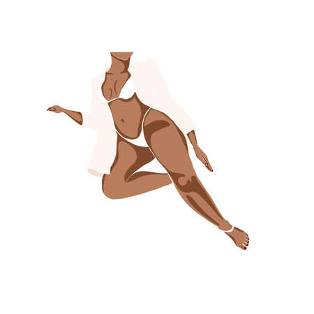 Curved lady wearing a bikini. Plus size attarctive woman in summer swimsuit. Abstract feminine vector illustrations. Summer trendy simple iconsのイラスト素材