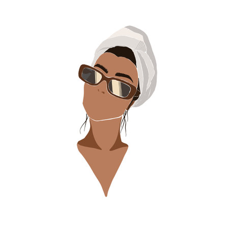 Woman with head toel and sunglasses. Self care ritual, beauty routine. Set of Abstract feminine vector illustrations. Summer trendy simple icons. 
post, business advertisement, flyer designのイラスト素材