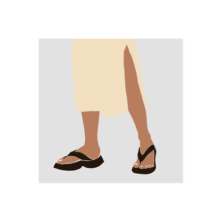 Woman shoes. Flat trendy summer sandals. Fit legs and fashionable skirt. Abstract feminine vector illustrations. Summer trendy simple icons.のイラスト素材