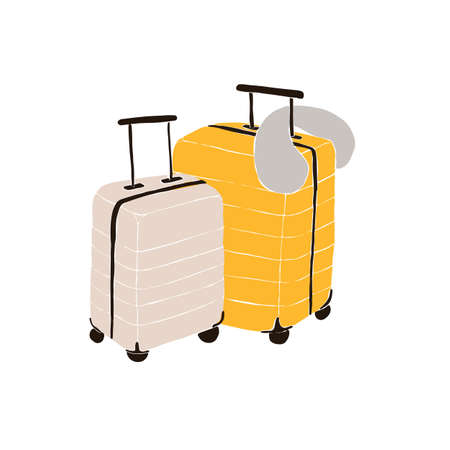Set of suitcases. Luggage bags and a pillow pad. Travel accessory. Flight baggage. Abstract feminine vector illustrations. Summer trendy simple icons. 
post, business advertisement, designのイラスト素材