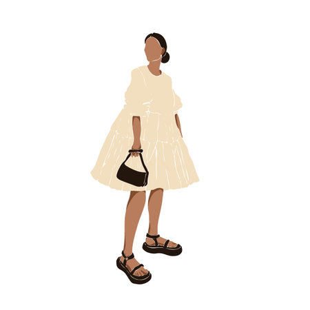 Fashionable young woman. Girl wearing a dress, sandals and handbag.  model. Abstract feminine vector illustrations. Summer trendy simple icons. 
post, business advertisement, designのイラスト素材