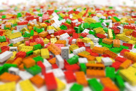 Pile of colored toy bricks isolated on white background. 3D illustration