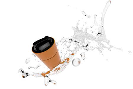 3d rendering of orange shaker into splashes on white background. Fitness accessories. Kitchenware. Healthy eating.の写真素材
