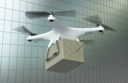 Drone Quadrocopter delivers a package on cityscape background. Autonomous drone delivery. 3D illustrationの写真素材