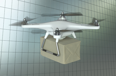 Drone Quadrocopter delivers a package on cityscape background. Autonomous drone delivery. 3D illustrationの写真素材