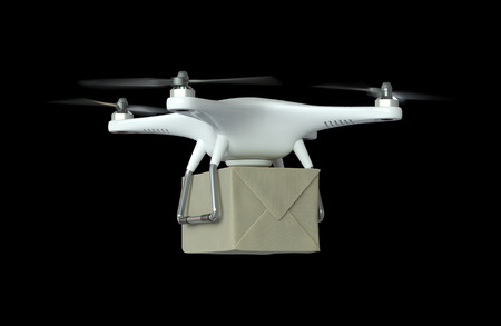 Drone quadrocopter delivers a package. Isolated on black. 3d illustrationの写真素材