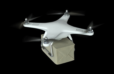 Drone quadrocopter delivers a package. Isolated on black. 3d illustrationの写真素材