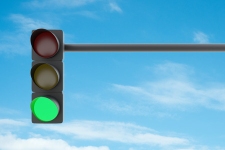 Green traffic light against blue sky. 3D illustrationの写真素材