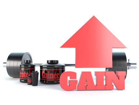 Sports nutrition, supplements, barbells, whey protein, gainer bars 3d illustrationの写真素材