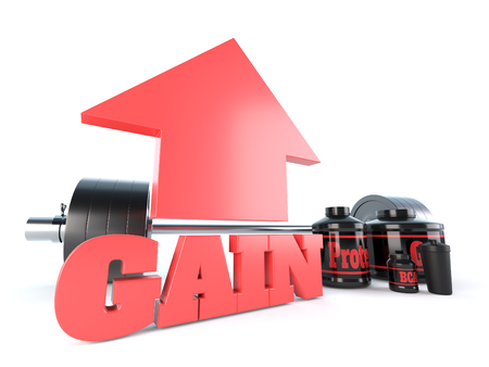 Sports nutrition, supplements, barbells, whey protein, gainer bars 3d illustrationの写真素材