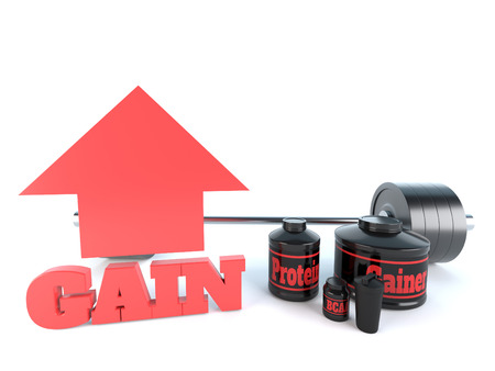 Sports nutrition, supplements, barbells, whey protein, gainer bars 3d illustrationの写真素材