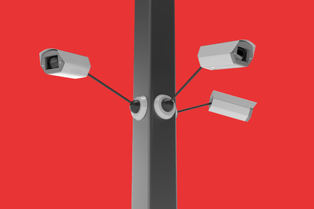 CCTV security camera on red background. 3d illustrationの写真素材