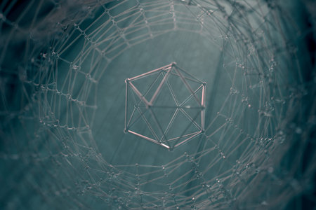 Abstract chaotic structure. Plexus with lines and polygonal spheres. Futuristic shape. Modern design for banner, poster, placard. Network concept. Modern design for banner, poster, placard. 3d illustrationの写真素材