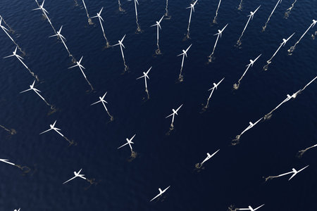 Wind Turbines in the Sea. 3D illustration