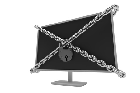 Computer locked with chains and padlock 3d illustrationの写真素材