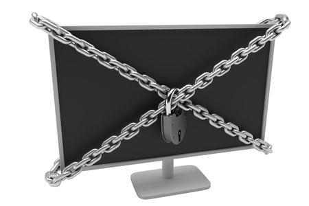 Computer locked with chains and padlock 3d illustrationの写真素材