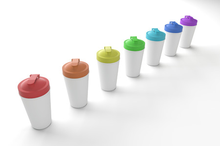 3d rendering of colored shakers on white background. Fitness accessories. Kitchenware. Healthy eating.の写真素材