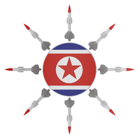 Rocket against the background of the flag of North Korea. Military background. Conflict in Asia. 3d illustrationの写真素材