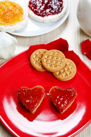 a sweet breackfast with love and red hearths of jamの写真素材