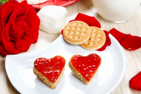 a sweet breackfast with love and red hearths of jamの写真素材