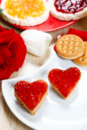 a sweet breackfast with love and red hearths of jamの写真素材