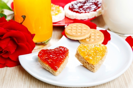 a sweet breackfast with love and red hearths of jamの写真素材