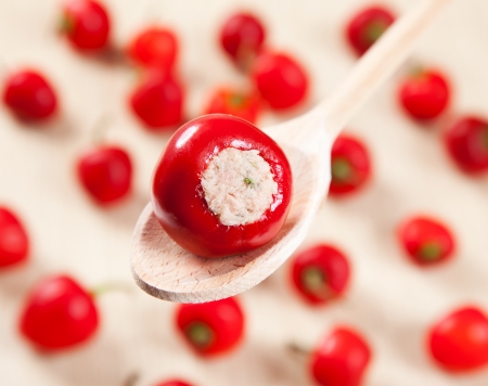red stuffing pepper  in a wooden spoonの写真素材