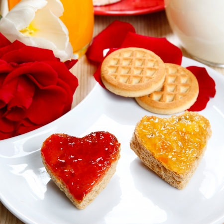a sweet breackfast with love and red hearths of jamの写真素材