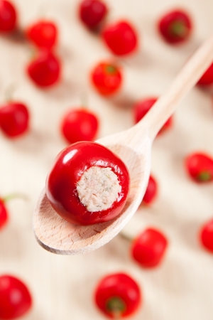 red stuffing pepper  in a wooden spoonの写真素材