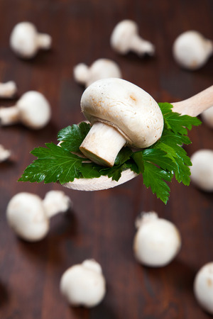 Close-up of champignons on a spoonの写真素材