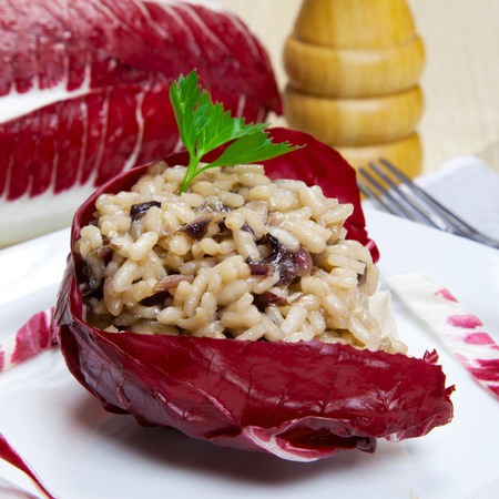 risotto with cicory, radicchio on a dishの写真素材