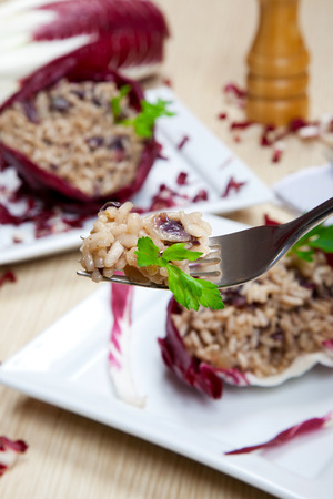 risotto with cicory, radicchio on a dishの写真素材