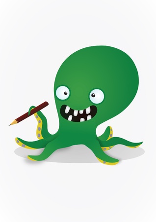 Crazy green octopus with a pencil のイラスト素材