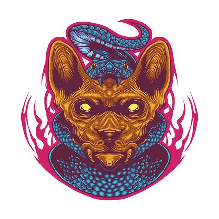 Sphynx cat head esport mascot logo with snakeのイラスト素材