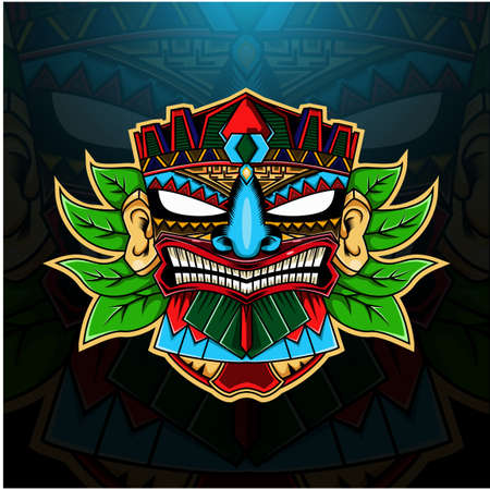 Tiki mask esport mascot logo with leavesのイラスト素材