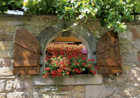 window in a stonewall with red flowers