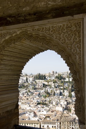 Famous alhambra building in spain, windows.のeditorial素材