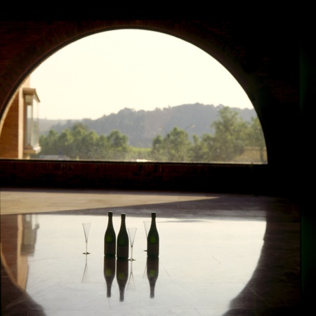 Three bottles of champagne and glasses standing in sun floated windows half.の写真素材
